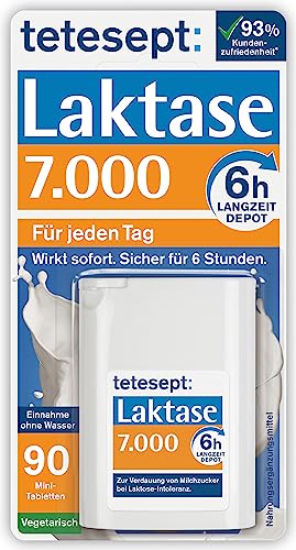 tetesept Laktase 7.000 – Laktasetabletten bei Laktoseunverträglichkeit – Nahrungsergänzungsmittel mit Sofortwirkung & 6h Langzeit-Depot – 1 Dose à 90 Stück im Sale